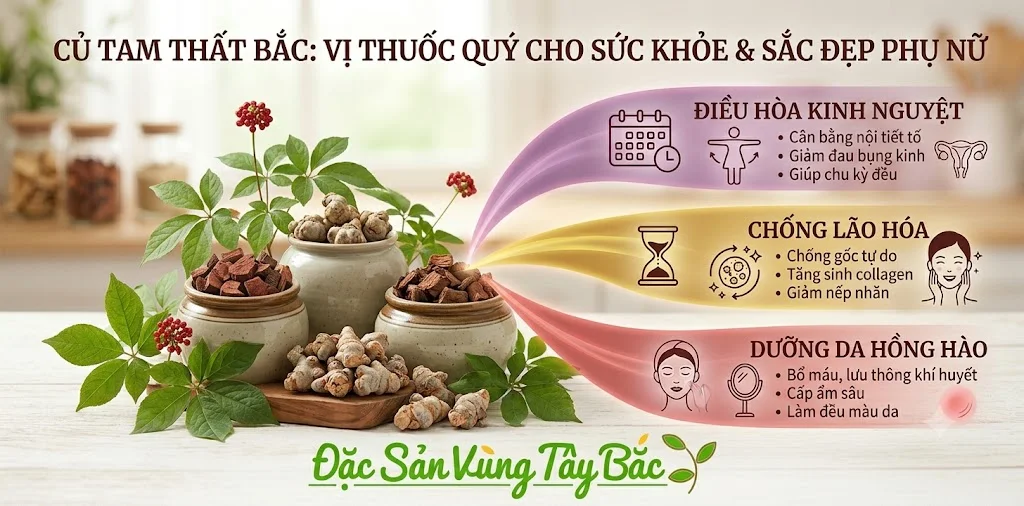 Củ Tam Thất Bắc Củ Tam Thất Bắc giúp điều hòa kinh nguyệt, chống lão hóa và dưỡng da hồng hào
