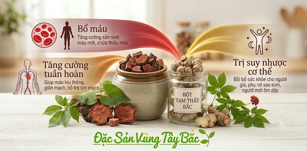 Củ Tam Thất Bắc Củ Tam Thất Bắc giúp Bổ máu, tăng cường tuần hoàn và trị suy nhược cơ thể