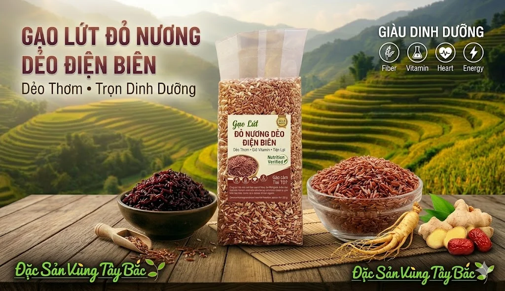 Gạo lứt đỏ nương dẻo Điện Biên đóng gói hút chân không