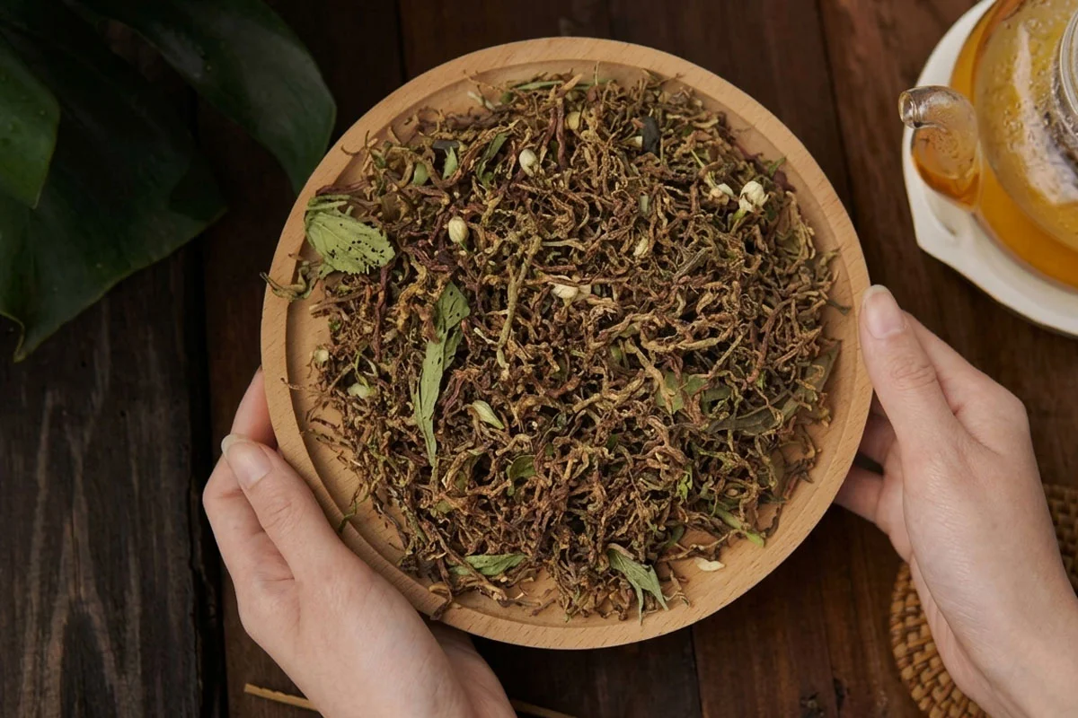Trà sơn mật hồng sâm được tổng hợp từ các sản phẩm thảo dược tự nhiên
