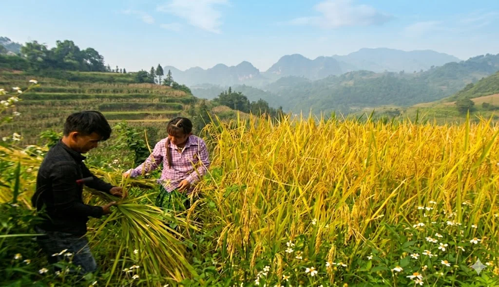 Gạo Nếp Nương Điện Biên Người dân thu hoạch gạo nếp nương Tây Bắc